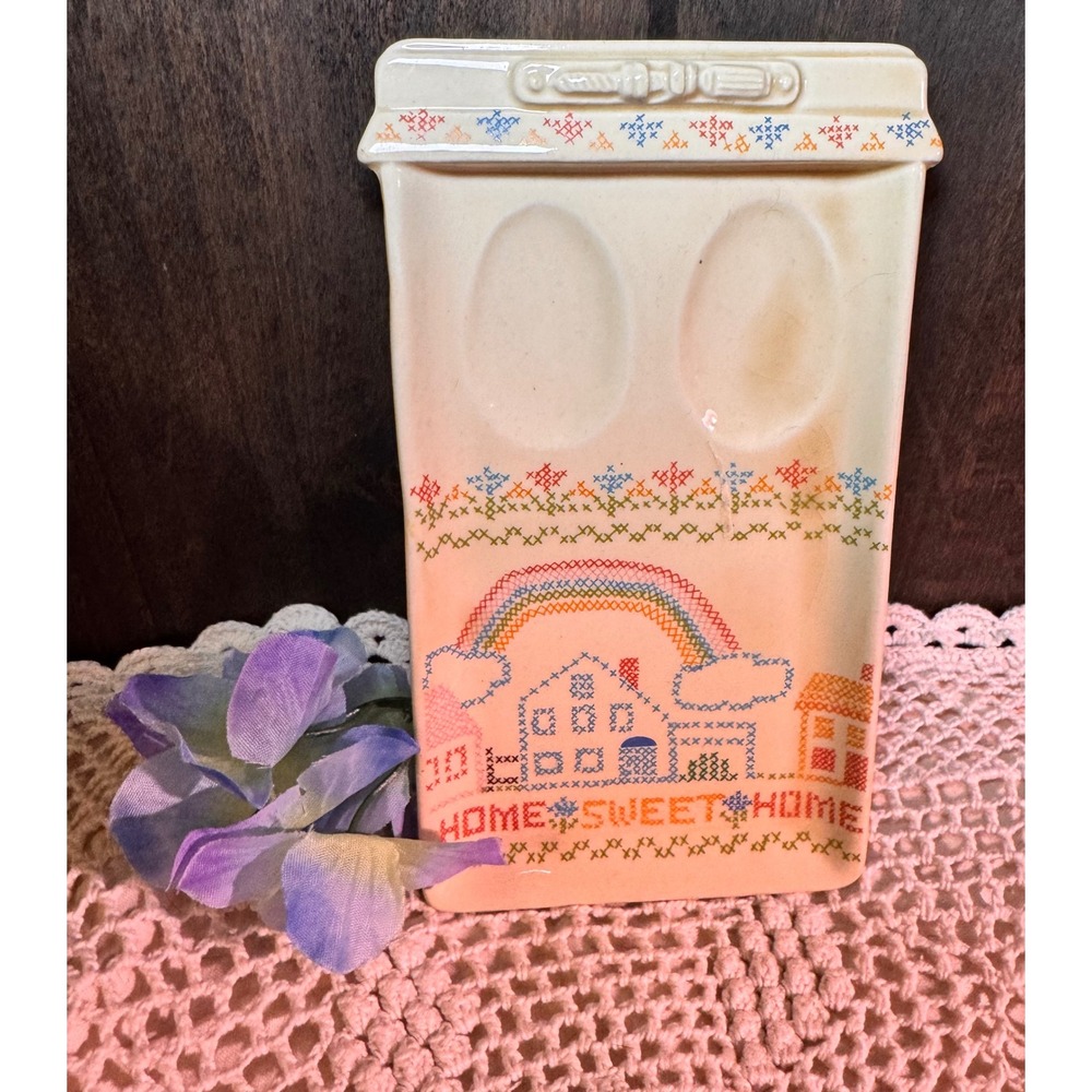 Vintage 1982 Home Sweet Home Ceramic Egg Rest Plate Rainbow House Made in Japan
